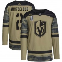 Youth Adidas Vegas Golden Knights Zach Whitecloud Gold Camo Military Appreciation Practice 2023 Stanley Cup Final Jersey - Authe