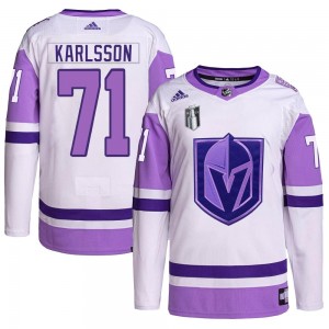 Youth Adidas Vegas Golden Knights William Karlsson White/Purple Hockey Fights Cancer Primegreen 2023 Stanley Cup Final Jersey - 