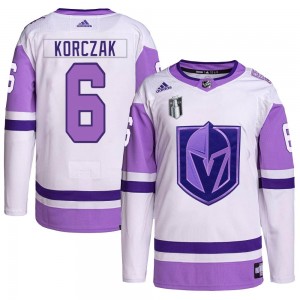 Youth Adidas Vegas Golden Knights Kaedan Korczak White/Purple Hockey Fights Cancer Primegreen 2023 Stanley Cup Final Jersey - Au