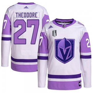 Youth Adidas Vegas Golden Knights Shea Theodore White/Purple Hockey Fights Cancer Primegreen 2023 Stanley Cup Final Jersey - Aut