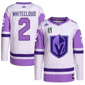 Youth Adidas Vegas Golden Knights Zach Whitecloud White/Purple Hockey Fights Cancer Primegreen 2023 Stanley Cup Final Jersey - A