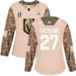 Women's Adidas Vegas Golden Knights Shea Theodore Gold Camo Veterans Day Practice 2023 Stanley Cup Final Jersey - Authentic