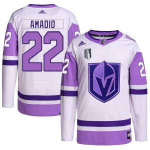 Men's Adidas Vegas Golden Knights Michael Amadio White/Purple Hockey Fights Cancer Primegreen 2023 Stanley Cup Final Jersey - Au