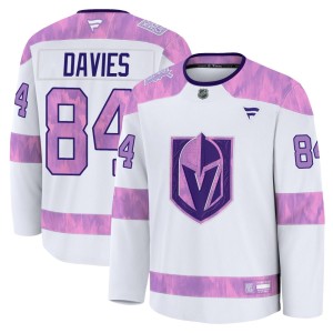 Men's Fanatics Vegas Golden Knights Jeremy Davies Gold White 2024 Hockey Fights Cancer Practice Jersey - Premium