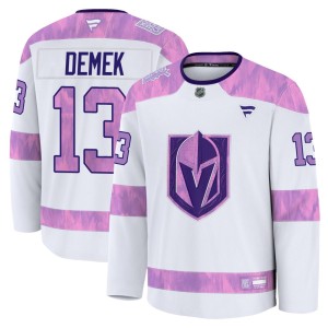 Men's Fanatics Vegas Golden Knights Jakub Demek Gold White 2024 Hockey Fights Cancer Practice Jersey - Premium