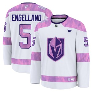 Men's Fanatics Vegas Golden Knights Deryk Engelland Gold White 2024 Hockey Fights Cancer Practice Jersey - Premium