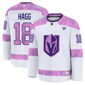 Men's Fanatics Vegas Golden Knights Robert Hagg Gold White 2024 Hockey Fights Cancer Practice Jersey - Premium