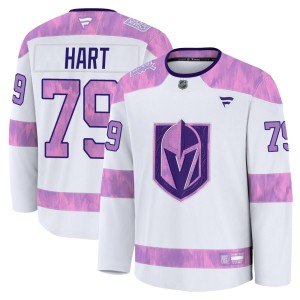 Men's Fanatics Vegas Golden Knights Carter Hart Gold White 2024 Hockey Fights Cancer Practice Jersey - Premium