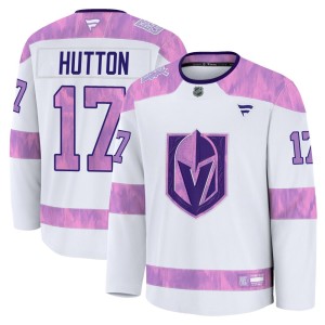 Men's Fanatics Vegas Golden Knights Ben Hutton Gold White 2024 Hockey Fights Cancer Practice Jersey - Premium
