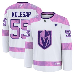 Men's Fanatics Vegas Golden Knights Keegan Kolesar Gold White 2024 Hockey Fights Cancer Practice Jersey - Premium
