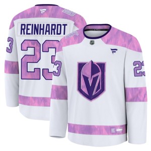 Men's Fanatics Vegas Golden Knights Cole Reinhardt Gold White 2024 Hockey Fights Cancer Practice Jersey - Premium