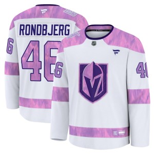 Men's Fanatics Vegas Golden Knights Jonas Rondbjerg Gold White 2024 Hockey Fights Cancer Practice Jersey - Premium