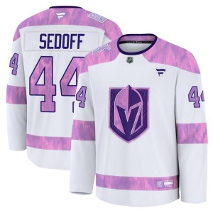 Men's Fanatics Vegas Golden Knights Christoffer Sedoff Gold White 2024 Hockey Fights Cancer Practice Jersey - Premium