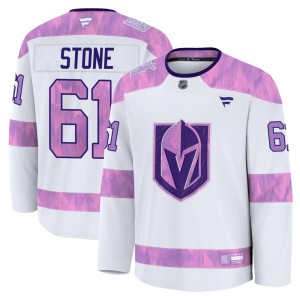 Men's Fanatics Vegas Golden Knights Mark Stone Gold White 2024 Hockey Fights Cancer Practice Jersey - Premium