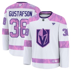 Youth Fanatics Vegas Golden Knights Jordan Gustafson Gold White 2024 Hockey Fights Cancer Practice Jersey - Premium