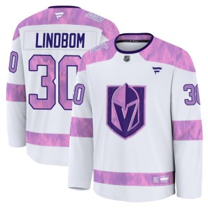 Youth Fanatics Vegas Golden Knights Carl Lindbom Gold White 2024 Hockey Fights Cancer Practice Jersey - Premium