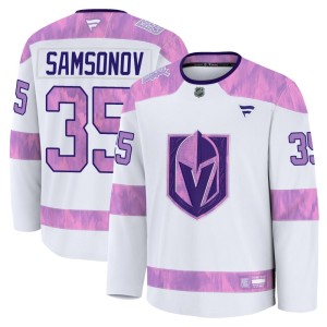 Youth Fanatics Vegas Golden Knights Ilya Samsonov Gold White 2024 Hockey Fights Cancer Practice Jersey - Premium
