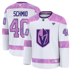 Youth Fanatics Vegas Golden Knights Akira Schmid Gold White 2024 Hockey Fights Cancer Practice Jersey - Premium