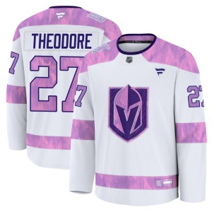 Youth Fanatics Vegas Golden Knights Shea Theodore Gold White 2024 Hockey Fights Cancer Practice Jersey - Premium