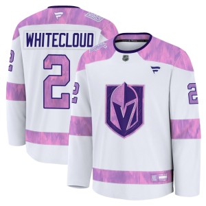 Youth Fanatics Vegas Golden Knights Zach Whitecloud Gold White 2024 Hockey Fights Cancer Practice Jersey - Premium