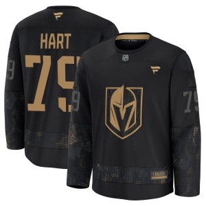 Men's Fanatics Vegas Golden Knights Carter Hart Gold Black 2024 Military Appreciation Practice Jersey - Premium