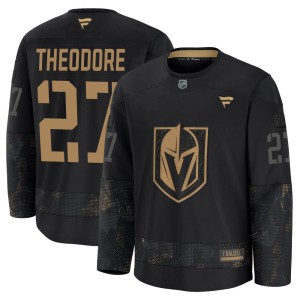 Men's Fanatics Vegas Golden Knights Shea Theodore Gold Black 2024 Military Appreciation Practice Jersey - Premium
