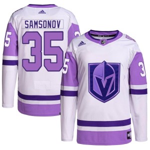 Men's Adidas Vegas Golden Knights Ilya Samsonov White/Purple Hockey Fights Cancer Primegreen Jersey - Authentic